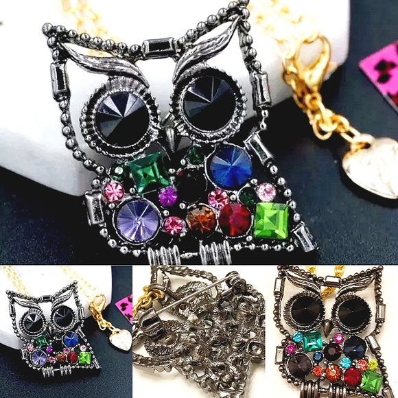 Silver Plated gold chain multicolor crystal owl necklace brooch - Picture 4 of 14